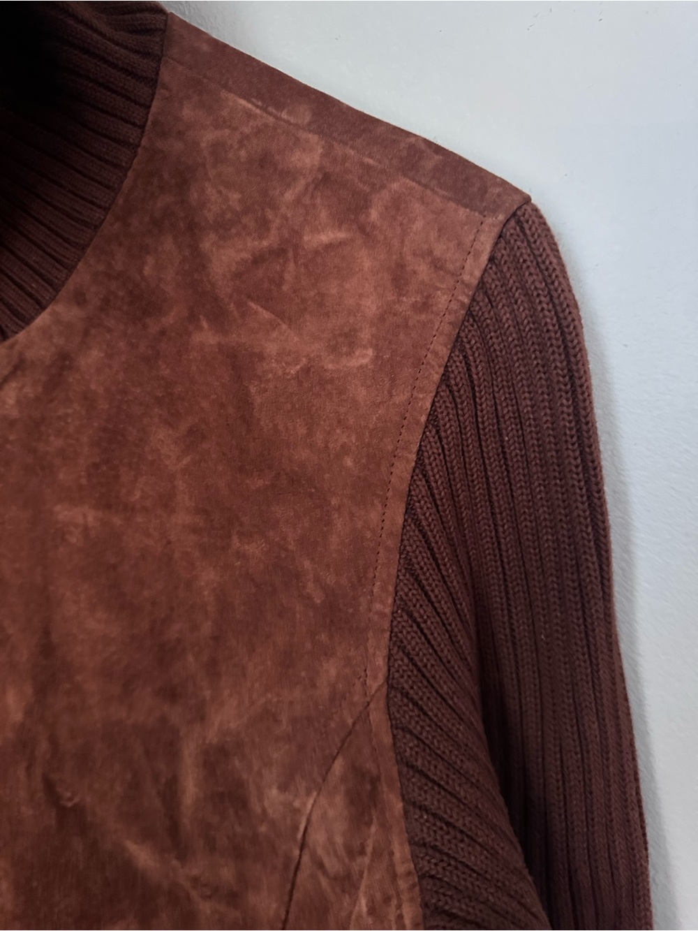 VINTAGE ▪️Brown Suede Leather Jacket with Ribbed Knit Collar/Sleeve